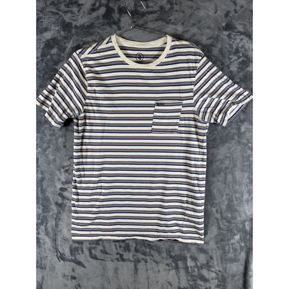 Volcom Mens Horizontal Striped T-Shirt Icon Logo Crewneck Tee